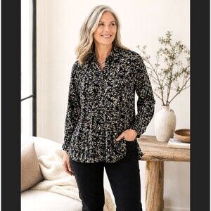 J Jill Corduroy Floral Tunic Shirt L Black Button Collared Peplum Cotton Boho